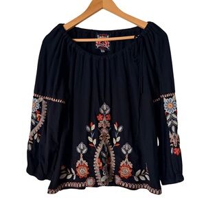 Johnny Was Black Peasant Tie Floral Embroidery Blouse Top, XS